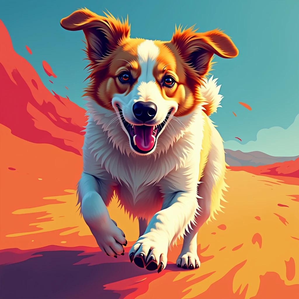 a close up of a dog running on a colored background, dog digital, highly detailed vector art, jen bartel, stunning art style, vector art style, arte do Adobe Illustrator, art of alessandro pautasso, hd vector art, Horse, multicolored vector art, full-colour illustration, Bela arte UHD 4K, vibrant high contrast coloring, cute dog