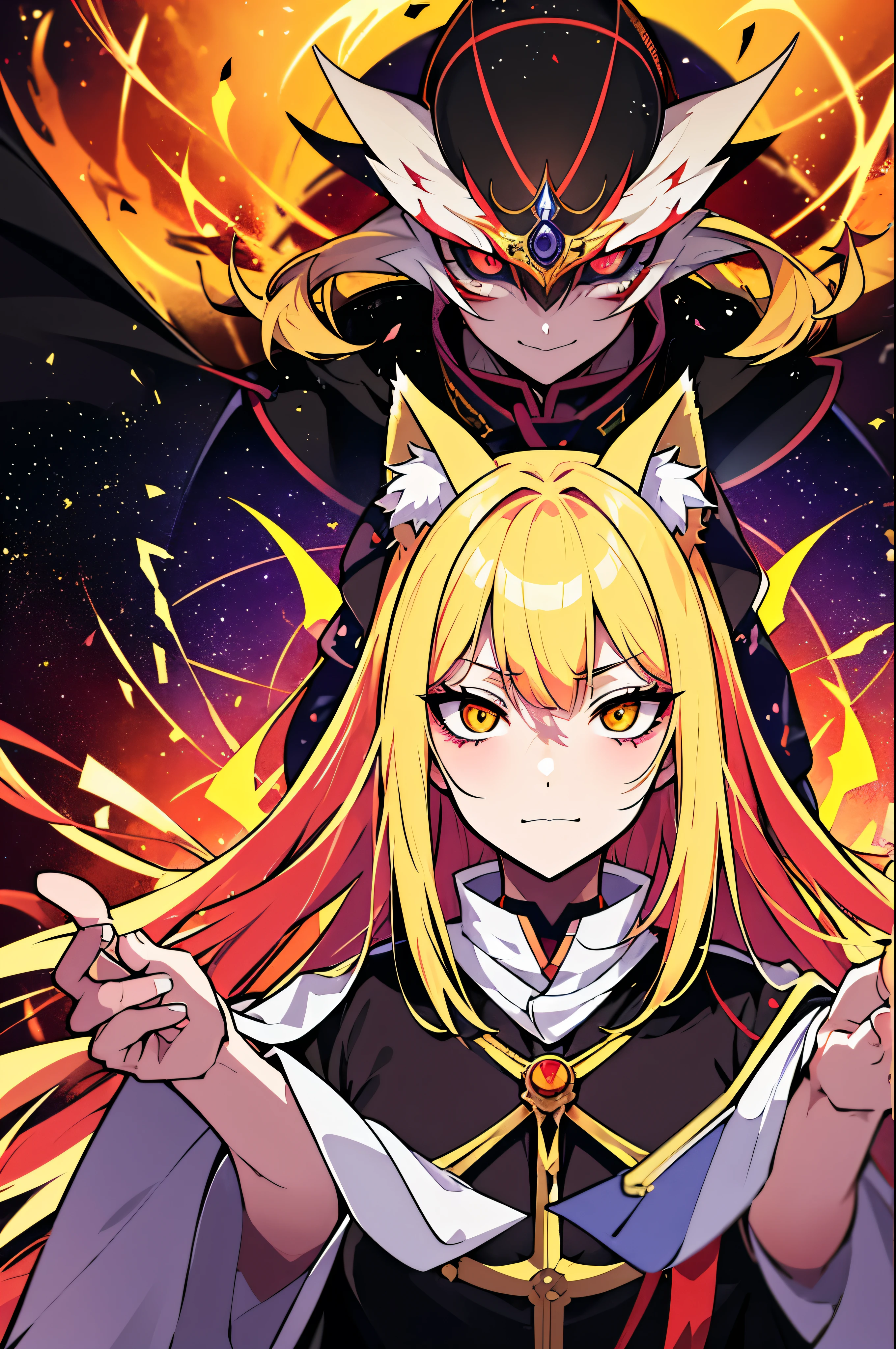 Sharp Yellow multi-colored Eyes, Exaggerated evil facial expressions , (masterpiece), best quality, 1 girl, bright Blonde hair, multi-colored hair , Wear Japanese Fox Mask, space theme, White particles, wallpaper, Clerical White Cope Vestment Chasuble, Warped Evilness Smile , Cosmic horror , Anime , HD , Goddess , nine tail Fox