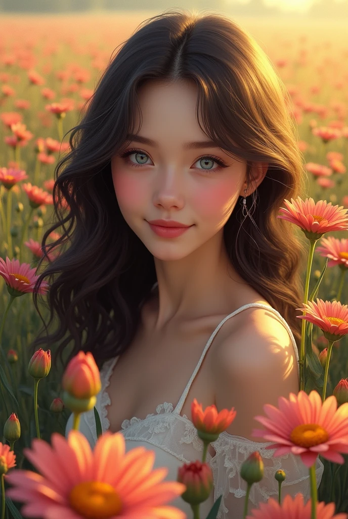 (photorealism:1.2), beautiful woman, with a soft smile and dark brown hair and light blue eyes
in a field with the most beautifull flower ever seen