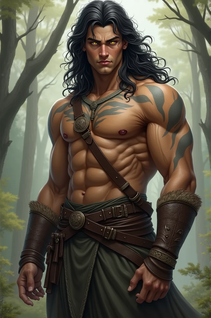External characteristics: Ezra is a tall and strong young man with tanned skin patterned like a wolf's fur, which shows through as light grey streaks on his face and one arm. His hair is long, jet black, and slightly curly. His face has sharp outlines, and his eyes are yellow with a glowing light, and he often wears clothing that is in keeping with nature, such as leather clothing and equipment made from natural materials. Personality Traits: Ezra is a person with a sense of leadership and understanding. He has a high level of loyalty and will protect his friends and those he loves with all his might. Although he appears dignified and serious, he often brings humor and warmth to conversation.