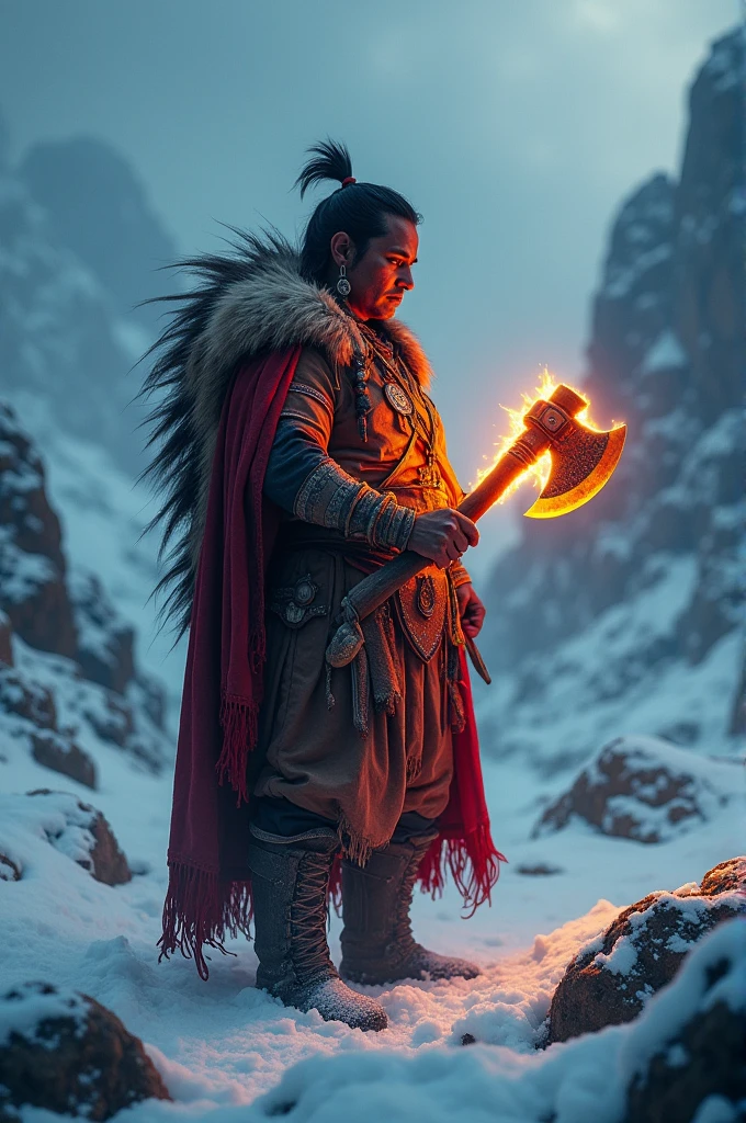 A pov shot of a indian warrior looking at a axe in the snowy lands, the axe is emitting red and yellow lighting, it's a grand shot, high contrast, vivid colors. 