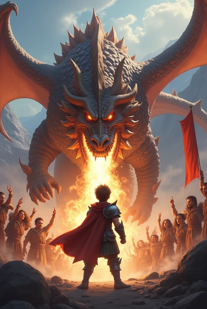 Boy killing dragon everyone is encouraging