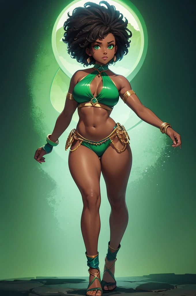 Dark skin woman, brown skin, seafoam color hair with light green highlights, green emerald eyes, dark blue halter top, dark blue elbow length gloves, green emerald bracelets, bare legs, dark blue shorts, green emerald loincloth, full-body photo