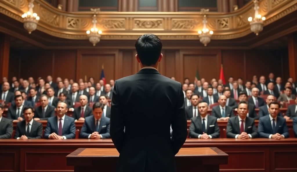 A young Asian man in a suit is speaking to politicians from various countries sitting in their seats in a huge lecture hall.,Politicians from all over the world are looking at men,No flags appear