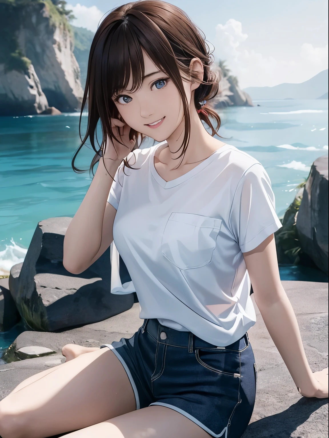 High resolution, 8k, Highest quality, detailed, Semi-realistic anime, Anime 3D Style, Smooth anime CG, One Girl, A 20-year-old Japanese woman, slim, Modeled, Shiny brown hair, detailedな顔, Beautiful and detailed, Glowing Skin, Hard Focus、Film Grain, Soft lighting, Looking at the audience, Laughter, (Woman wearing a marine style shirt and shorts), A cliff with a blue sea、An island in the distance々