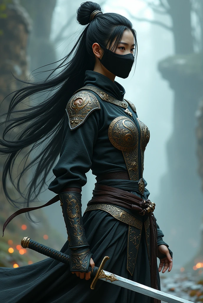 Elden ring, dark fantasy, asian warrior, katana, light armor, woman, black hair, serpent theme outfit, blasphemy, masqued face