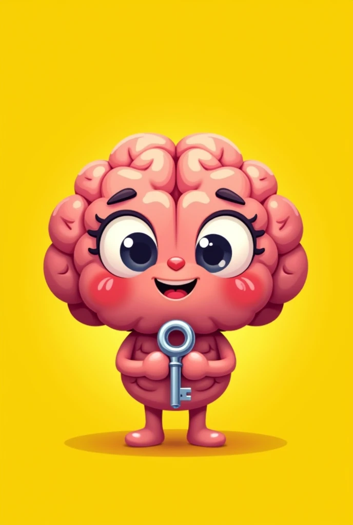 Make a logo with a yellow background with a cartoon brain with eyes and a mouth holding a cute key