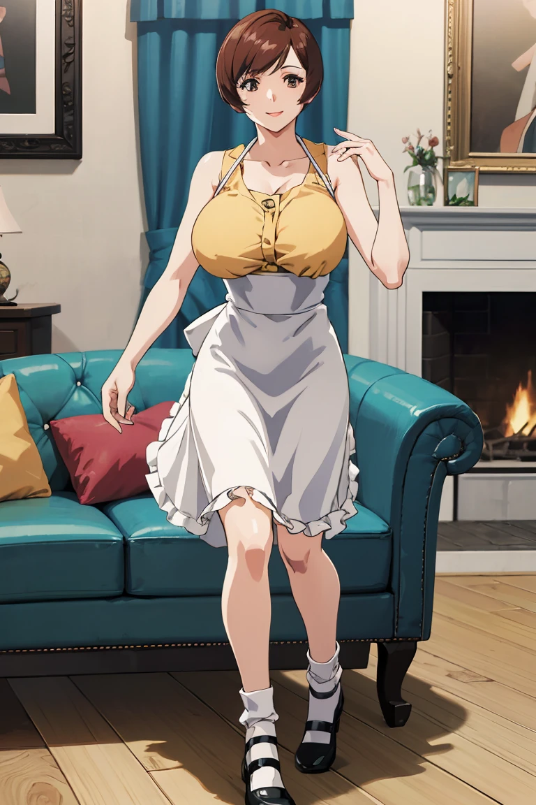 high level image quality、high quality、masterpiece、4k,8k,Etsukoto, yellow dress, sleeveless dress, apron, white socks, Mary Janes,giant breasts,happy smile,Living room