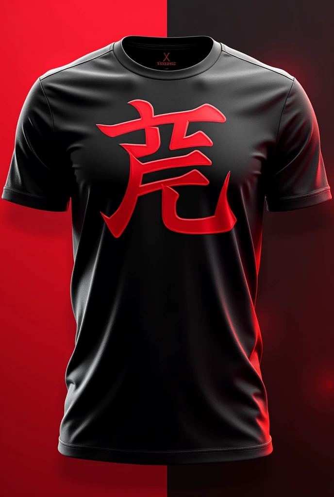 A black and red E sports squad t shirt with 强 as the squad logo