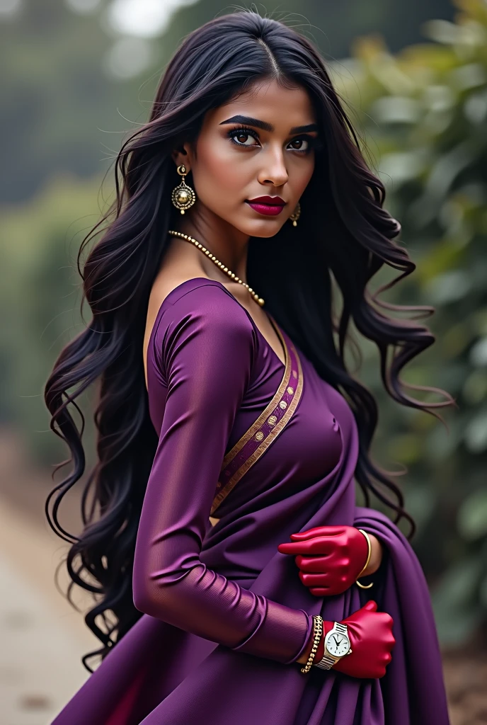 Satin Saree, 1girl, solo, long hair, black hair, must be wearing red gloves inside the blouse, wearing full sleeve blouse on top of gloves, white rolex watch on left hand, traditional, dress, dab jewelry, earrings, outdoors, blurry, looking to the side, purple dress, realistic,