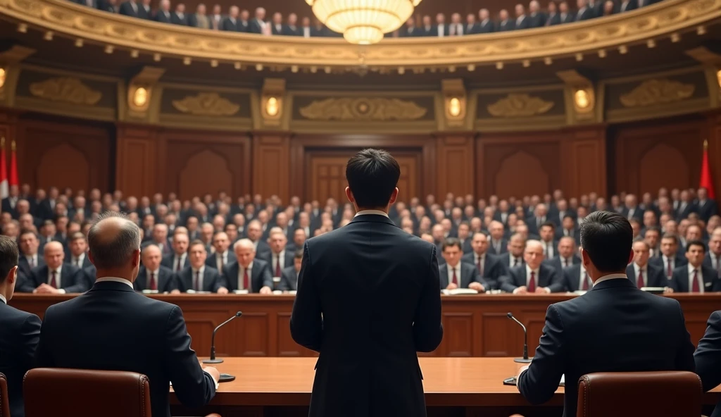 A young Asian man in a suit is speaking to politicians from various countries sitting in their seats in a huge lecture hall.,Politicians from all over the world are looking at men,No flags appear