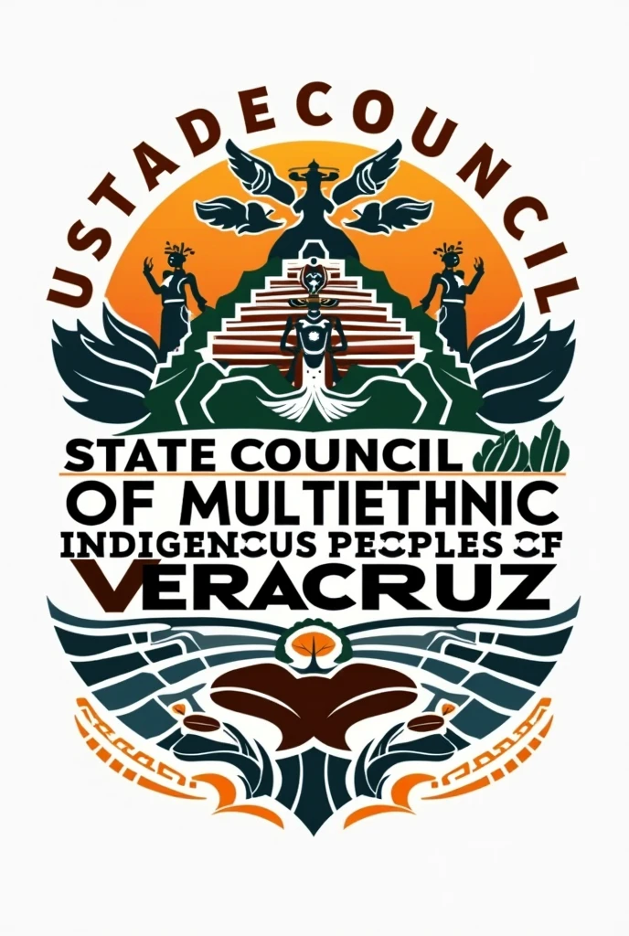 A logo that says "State Council of Multiethnic Indigenous Peoples of Veracruz", that includes indigenous elements, to the Papantla Flyers, Coffee beans and the Tajin pyramid.