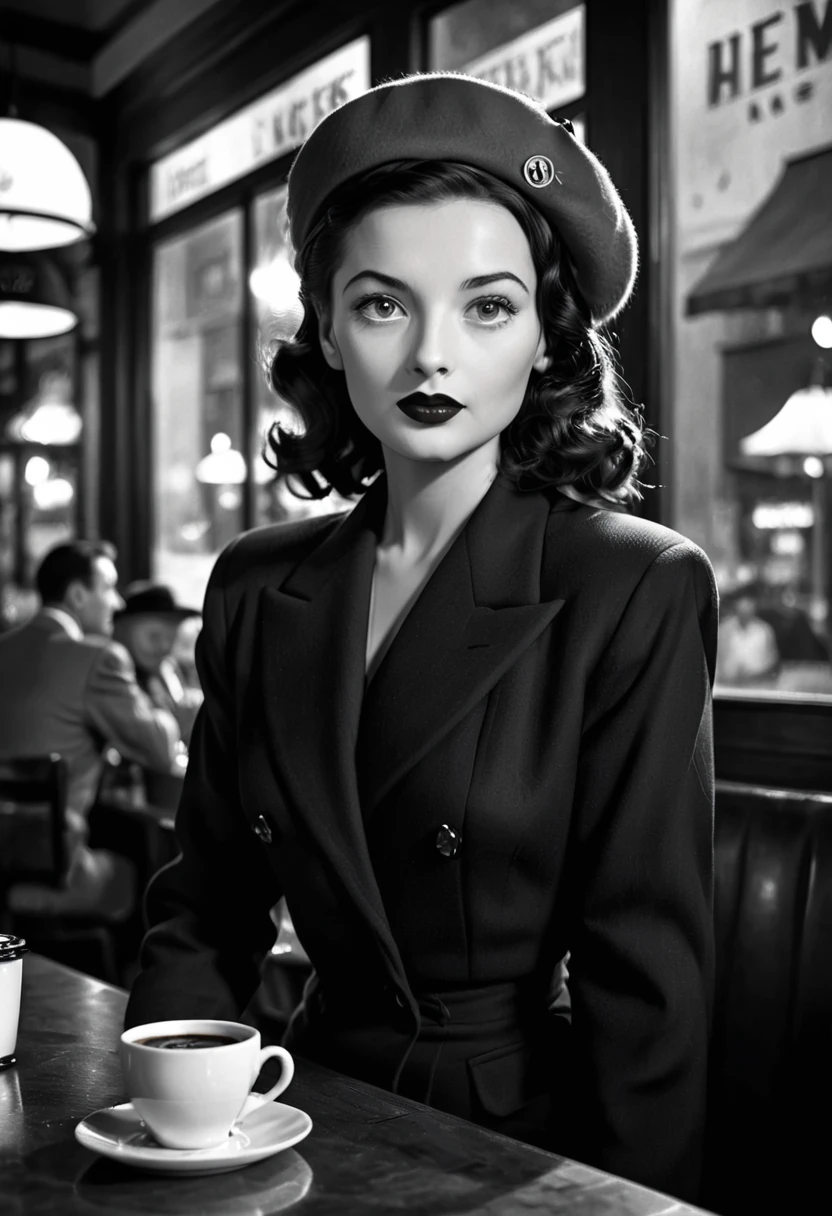 filmnoir1944, 1940s style,(monochrome).(rule of thirds),((hyper-realistic illustration:1.4)) In cafe, drinking coffee,Beautiful 27 yo woman, brunette, 1940s fashion, mascara, lipstick, slim. beret, blazer, blouse, long skirt, pantyhose, high heels. dark mood, single light source, wide angle shot, dark city, film grain. Masterpiece, best quality(highly detailed:1.2),(detailed face and eyes:1.2), depth of field, 8k wallpaper, natural lighting, core shadows, high contrast, bokeh.