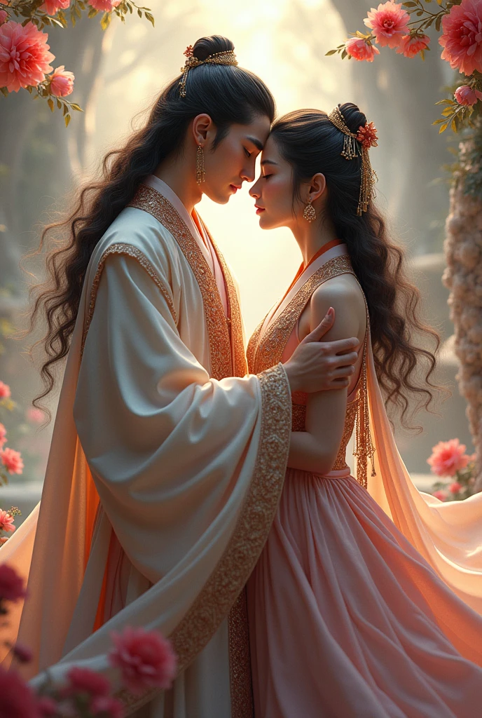 Couple Boy+boy , (emperor outfit+ blue dress))), flowers, jewelry, long sleeves, wide sleeves, chinese clothes, hanfu, embroidery, long skirt, long flowing hair, detailed face, detailed beautiful eyes, (intricate:1.3), (arcane aura:1.2), (dreamlike:1.3), (subtle mist:1.1),(vibrant colors:1.2), (detailed hair:1.3), (ultra realistic details:1.5),
