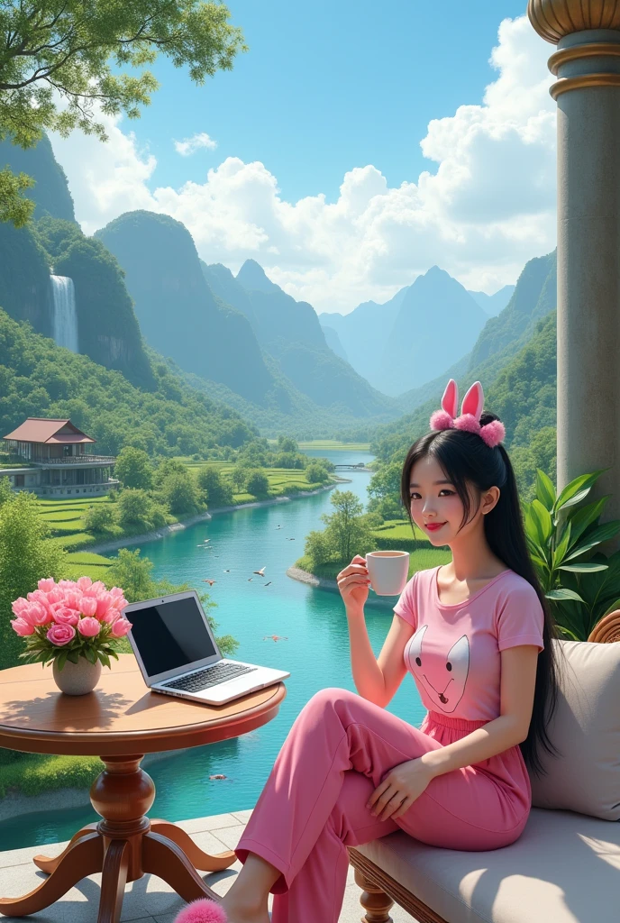 Beautiful Thai girl, smooth white skin, well-groomed face, black hair tied up, pink rabbit hair ribbon, long pink t-shirt, big rabbit motif, pink long trousers, pink furry rabbit shaped sandals, posing looking at the camera, sitting on the balcony of a luxury villa, while holding hot coffee, on the table there is a pot of pink tulips, and an iPhone laptop, the view from above is very beautiful, exotic countryside, bright blue sky, fertile rice fields, towering mountains and water. waterfall, on the left and right side of the villa you can see the river water flowing clearly, there are fish swimming.. The original photo is realistic..