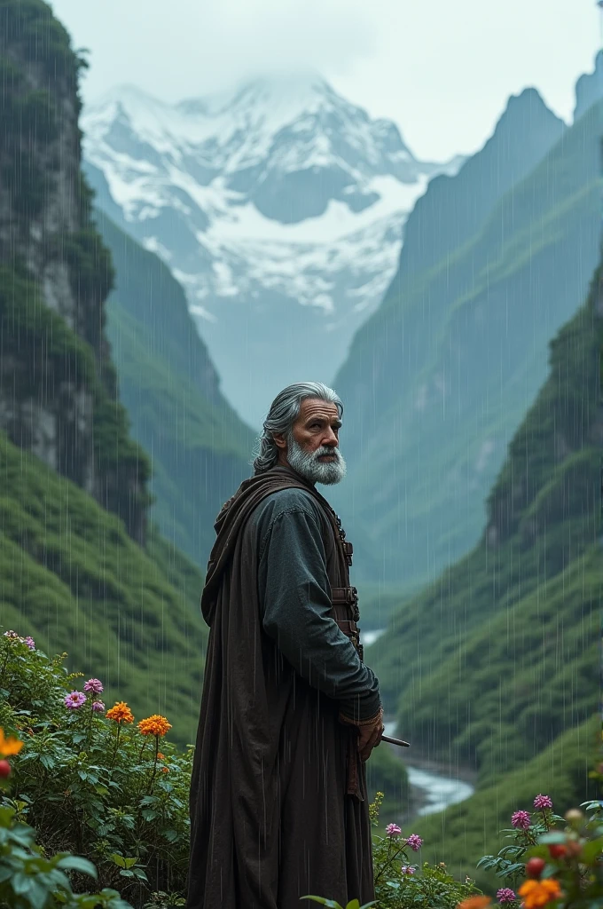 Man standing in rain in moutains and gardens