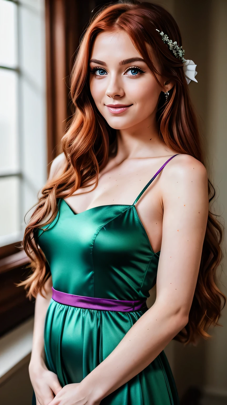 Realistic full body photo of a smiling, Young red-haired girl with long hair, She dances in front of the camera in a long multi-colored A-line bridesmaid dress with straps made of shiny green and purple satin.,Belly Loop, Park,glamour fotoshooting, Wedding celebration, perfect anatomy, perfect green eyes. Perfect hands with 5 fingers on each hand, Matching girl, looking at the camera, 1 Frau. (Eye make up:1.1), (highly detailed skin:1.1), spirit, analog style, keen focus, 8K  UHD, dslr, good quality, Fujifilm XT3, Grain, Award-winning, ​masterpiece. Wedding celebration