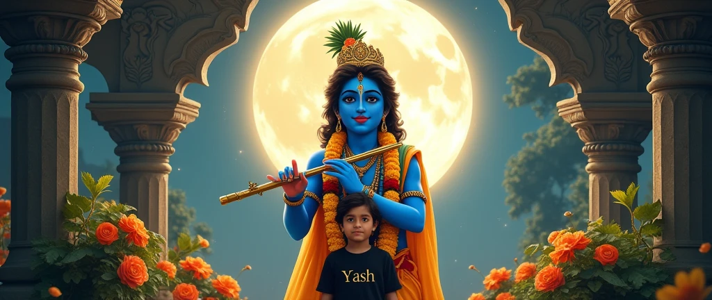 A serene depiction of Lord Krishna, characterized by his vibrant blue skin and adorned in traditional attire. He holds a flute in his hands, surrounded by a floral garland. A 2 Indian boy standing with him, stylish hair, his name YASH is written on his black t shirt in bold letters. The backdrop features a luminous full moon, casting a tranquil glow, with lush foliage and blooming orange flowers framing the scene. Intricate stone architecture adds depth to the image, creating a sacred and mystical atmosphere. Make sure everything is perfect.