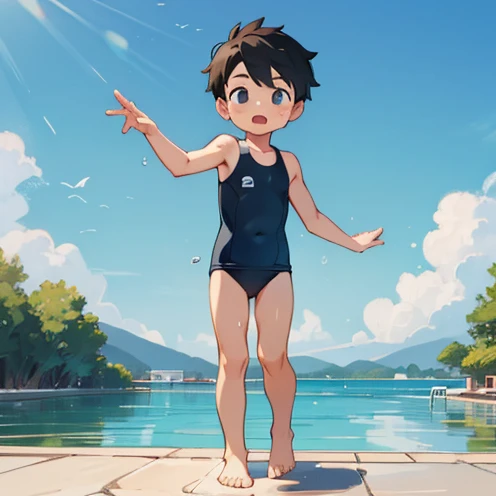 Cute, , Take off your swimsuit, , 2 boys, child, Boy showing off his figure, Male focus, swim, Full body picture, , Waterside