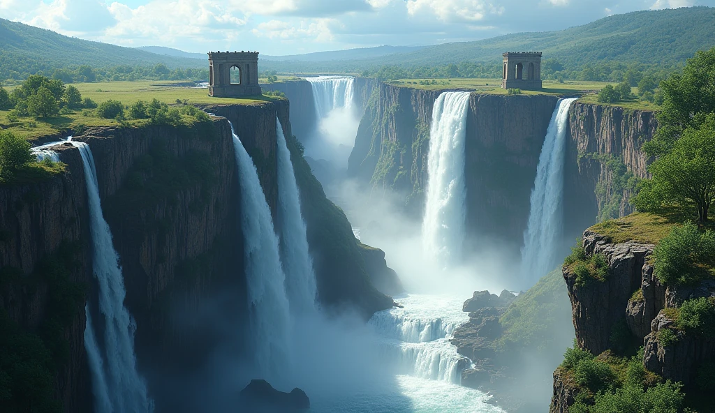Cliff overlooking the waterfall, There are several arched stones on the top, Matte painting 8k, Matte paint 8K, Vertical wallpaper 8K, Vertical wallpaper 8K, Vertical wallpaper 4K, Vertical wallpaper 4K, Lost Series, realistic fantasy rendering, 8K resolution in numbers, 8K resolution in numbers,  jessica rossier fantasy art, 4K Rendering Matte Paint, 3D Rendering Matte Paint  