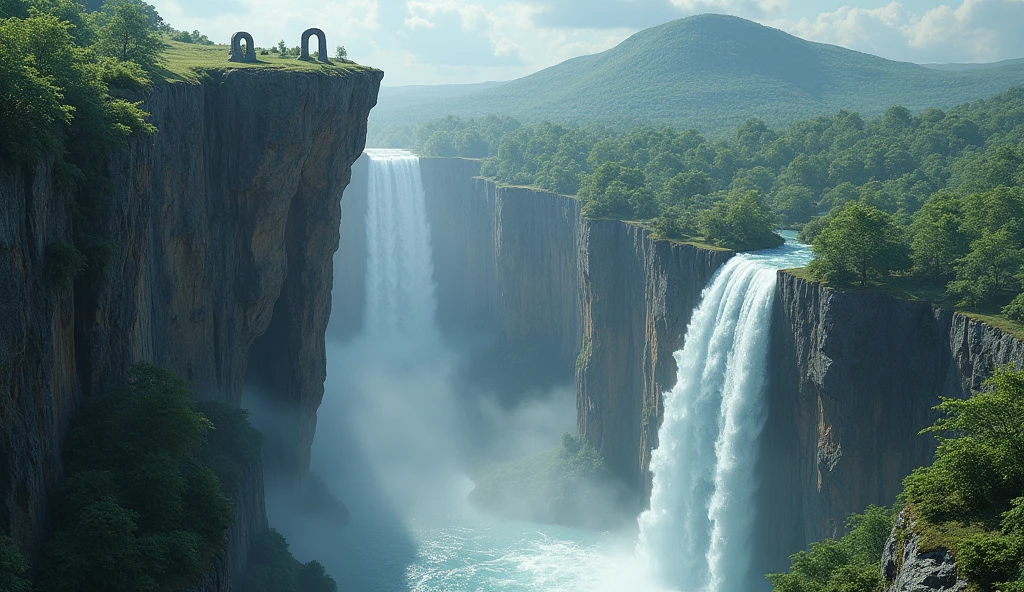 Cliff overlooking the waterfall, There are several arched stones on the top, Matte painting 8k, Matte paint 8K, Vertical wallpaper 8K, Vertical wallpaper 8K, Vertical wallpaper 4K, Vertical wallpaper 4K, Lost Series, realistic fantasy rendering, 8K resolution in numbers, 8K resolution in numbers,  jessica rossier fantasy art, 4K Rendering Matte Paint, 3D Rendering Matte Paint  