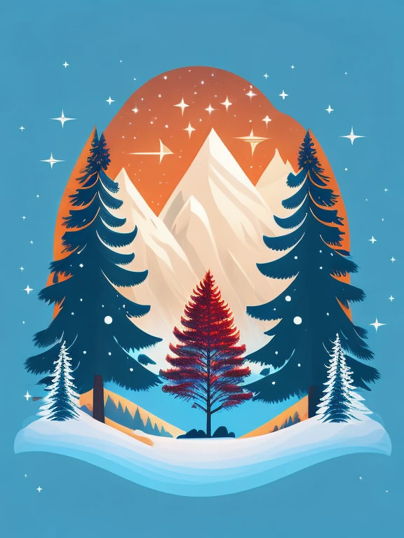 A spruce tree in a winter landscape, wolf sitting in front of tree, T-shirt design, rzminjourney, vector art