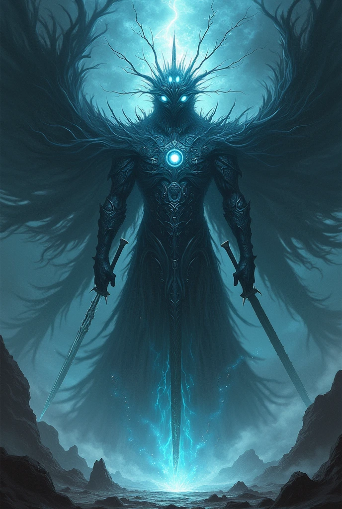 Most badass domain expansion like in the jujutsu kaisen when there's a guardian with it's own space and some amazing power and effect and aura on him it's domain is like abyss it has wings and five eyes with dar aura make the guardian a little smaller because his domain is so big 5 eyes don't put it in the middle put it in the upper left corner or something and he's not just standing make like it's holding a double sword with eye