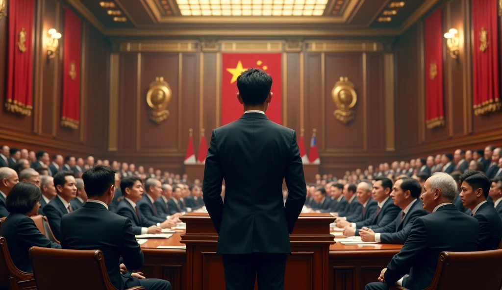 A young Asian man in a suit is speaking to politicians from various countries sitting in their seats in a huge lecture hall.,Politicians from all over the world are looking at men,No flags appear
