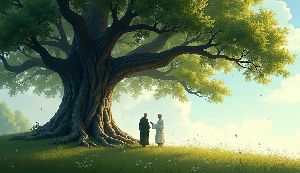 Both characters stand near a large, ancient oak tree with deep roots. The tree’s branches spread wide, providing shade and symbolizing strength and resilience
Illustrate an old Zen master and a young man standing near a large oak tree. The tree is ancient with deep roots and wide branches. The master is calm, pointing at the tree, while the young man looks thoughtful. The setting includes a grassy field and dappled sunlight
