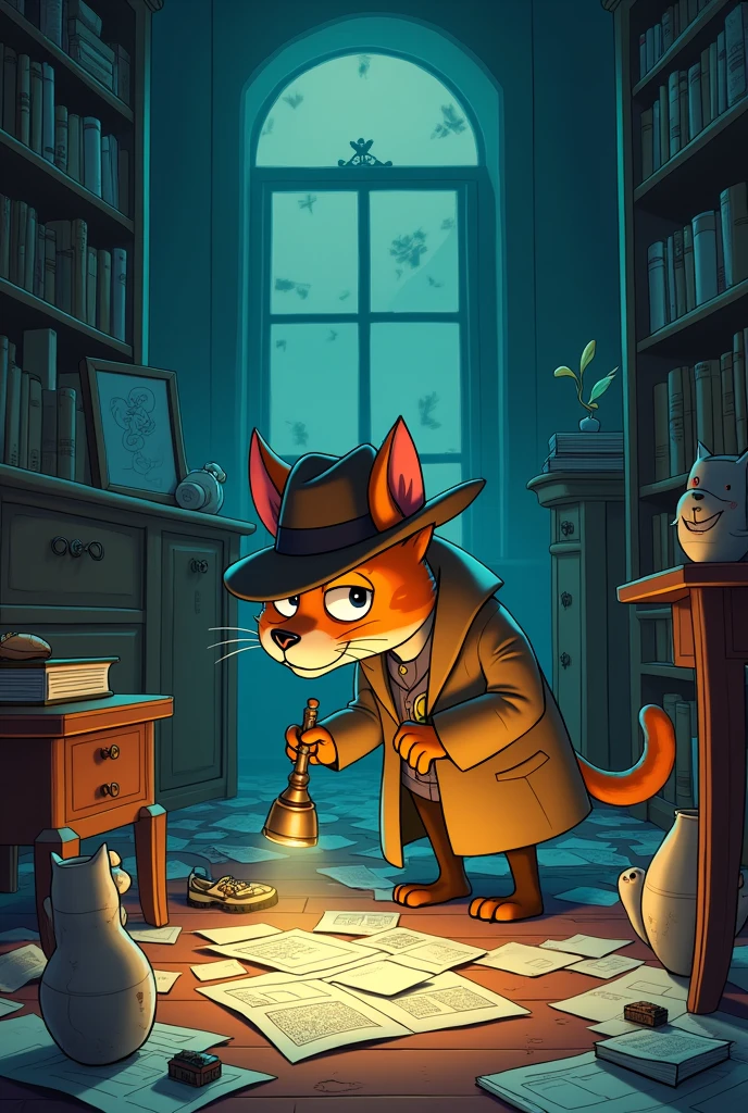Picture of a clever and hidden detective cartoon at a crime scene where the room is become a mess and everything is fallen around