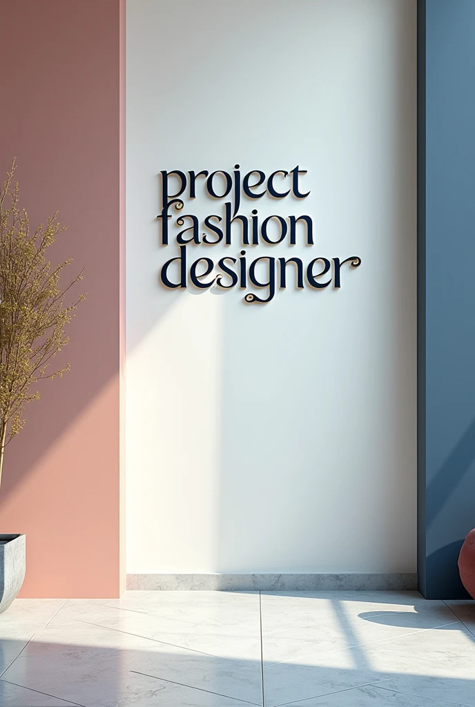 A classy and trendy background with the company name "Project Fashion Designer" in dark blue with gold details at the top. larger blank space at the bottom. has a classy design related to fashion