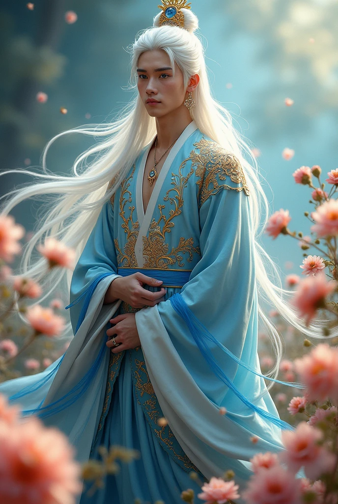 Young man, solo, (((gold and blue dress))), flowers, jewelry, long sleeves, wide sleeves, chinese clothes, hanfu, embroidery, long skirt, long flowing white hair, detailed face, detailed beautiful blue eyes, (intricate:1.3), (arcane aura:1.2), (dreamlike: 1.3), (subtle mist:1.1), (vibrant colors: 1.2), (detailed hair:1.3), (ultra realistic details:1.5),