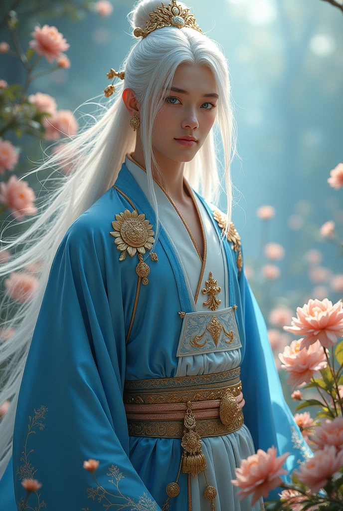 Young man, solo, (((gold and blue dress))), flowers, jewelry, long sleeves, wide sleeves, chinese clothes, hanfu, embroidery, long skirt, long flowing white hair, detailed face, detailed beautiful blue eyes, (intricate:1.3), (arcane aura:1.2), (dreamlike: 1.3), (subtle mist:1.1), (vibrant colors: 1.2), (detailed hair:1.3), (ultra realistic details:1.5),
