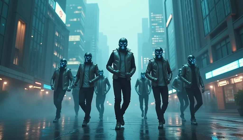 dutch angle, group of dancing male are dancing on the street of cyberpunk Saigon city, wearing a silver tech vest, cyber mask. Gray city, deserted streets, skyscrapers with sparkling blue LED lights. Lighting: Gray tones with dim neon lights. Effects: Smoke and blue light running along the buildings. Special: Stifling and quiet atmosphere, city not activated.