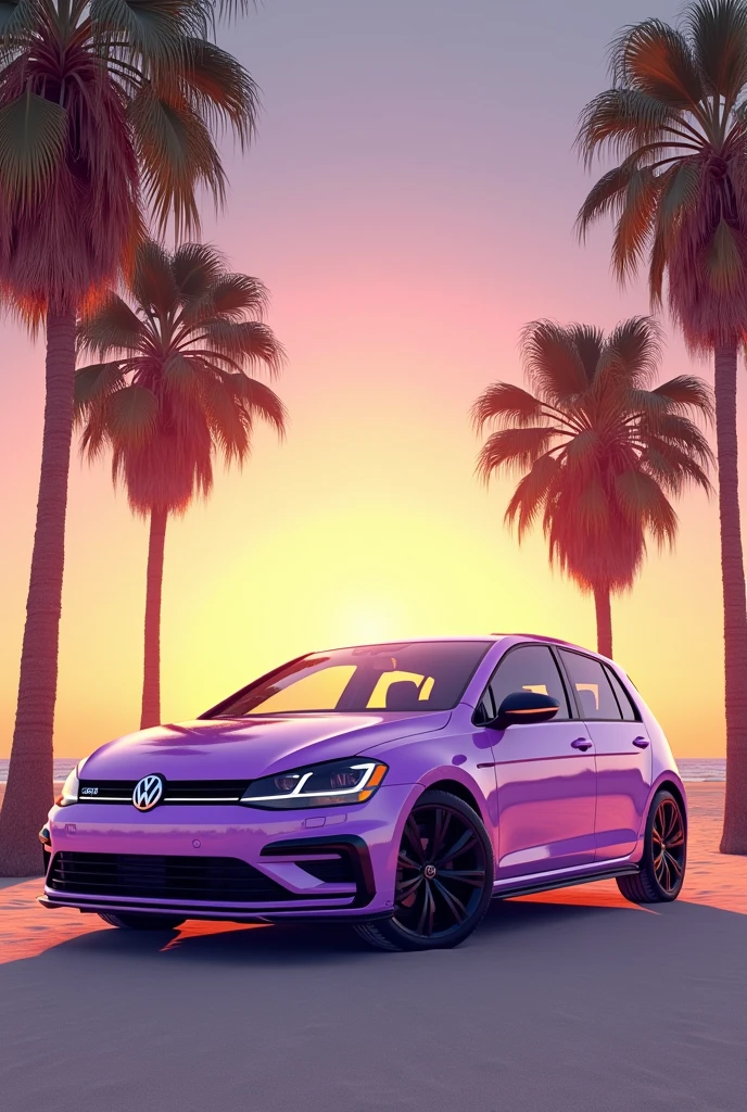 Lila volkswagen golf on the sand near palms and sunset