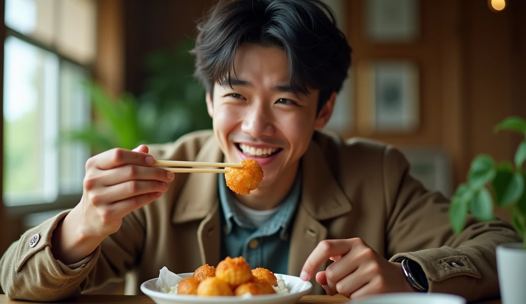 A Japanese male college student wearing fashionable clothes is eating takoyaki with chopsticks with a cheerful expression,Excited, Photo of your face, In a room of an old house, with a natural look, With a slightly tired look, tilt your face a little, Diagonal orientation, Average face