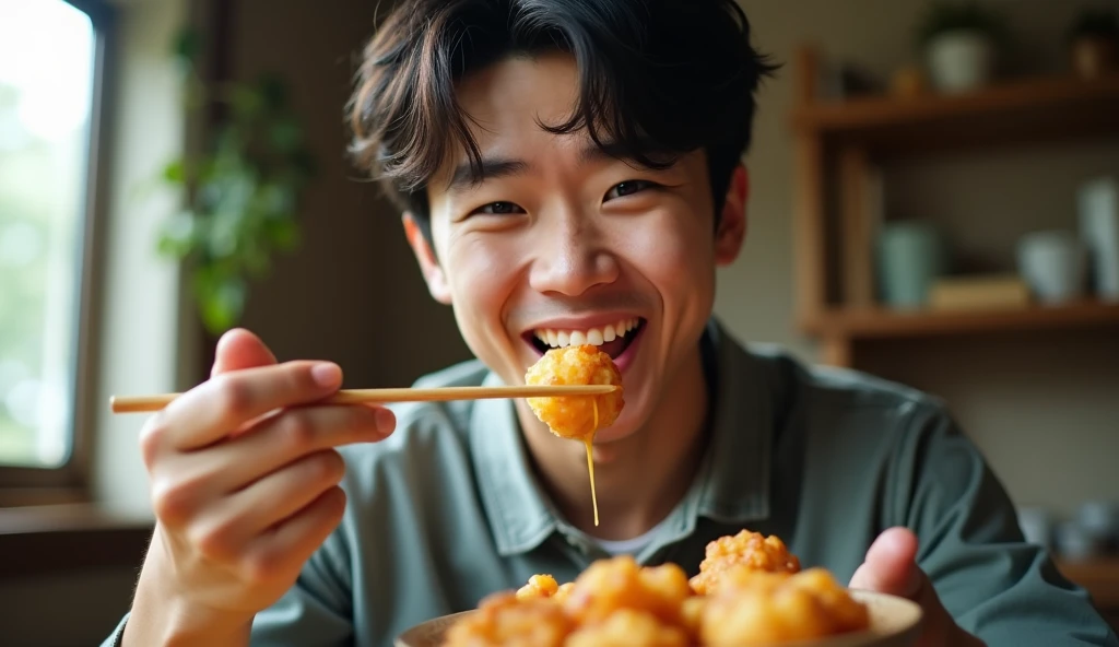 A Japanese male college student wearing fashionable clothes is eating takoyaki with chopsticks with a cheerful expression,Excited, Photo of your face, In a room of an old house, with a natural look, With a slightly tired look, tilt your face a little, Diagonal orientation, Average face