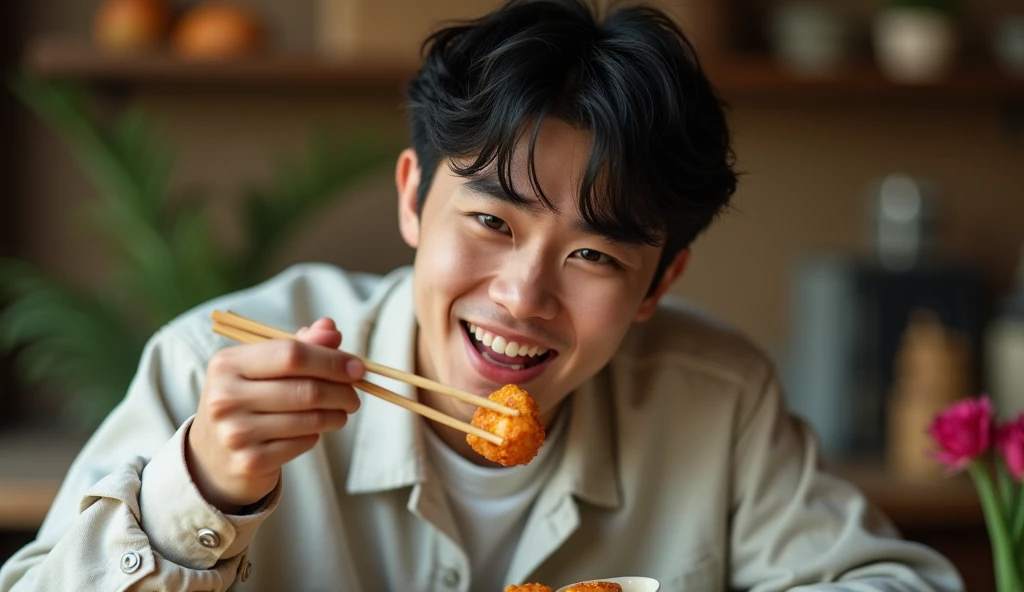 A Japanese male college student wearing fashionable clothes is eating takoyaki with chopsticks with a cheerful expression,Excited, Photo of your face, In a room of an old house, with a natural look, With a slightly tired look, tilt your face a little, Diagonal orientation, Average face