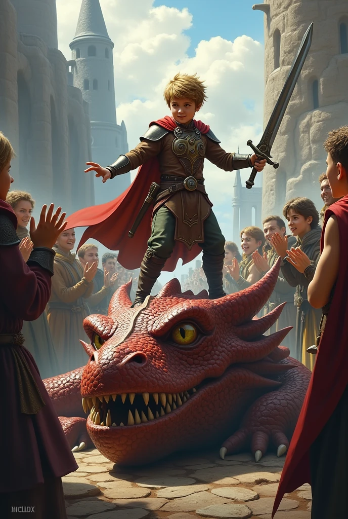 Boy cut down dragon head everyone is encouraging