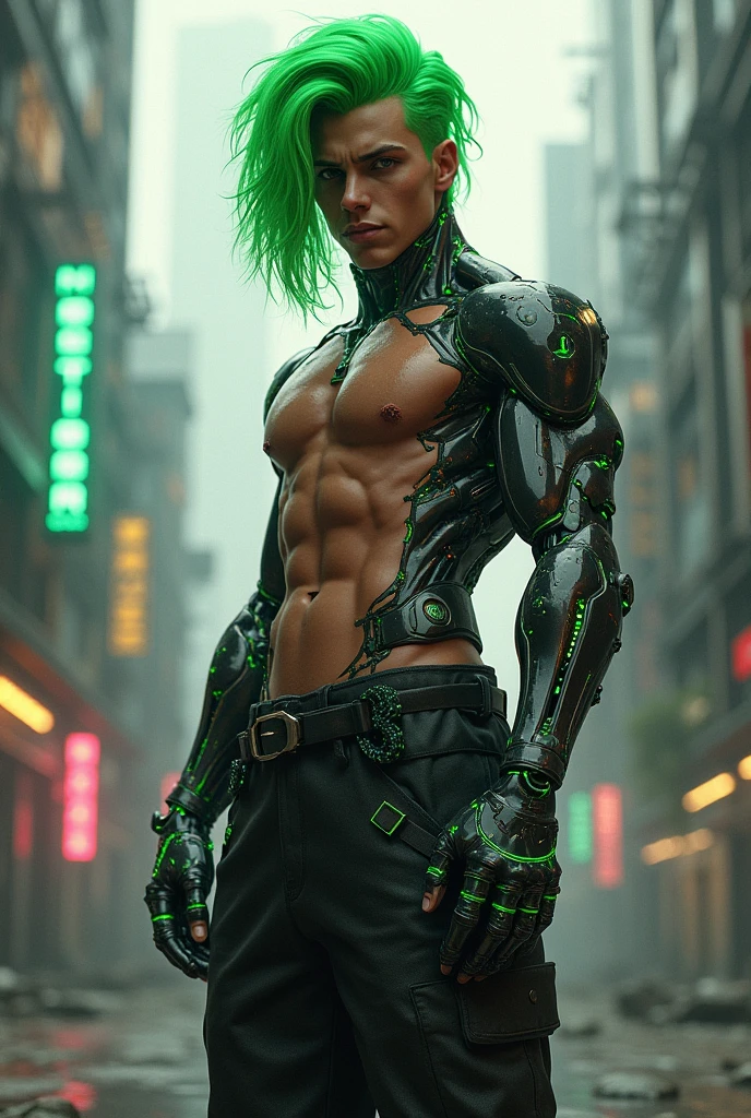 Strongman, green hair, cyber, young