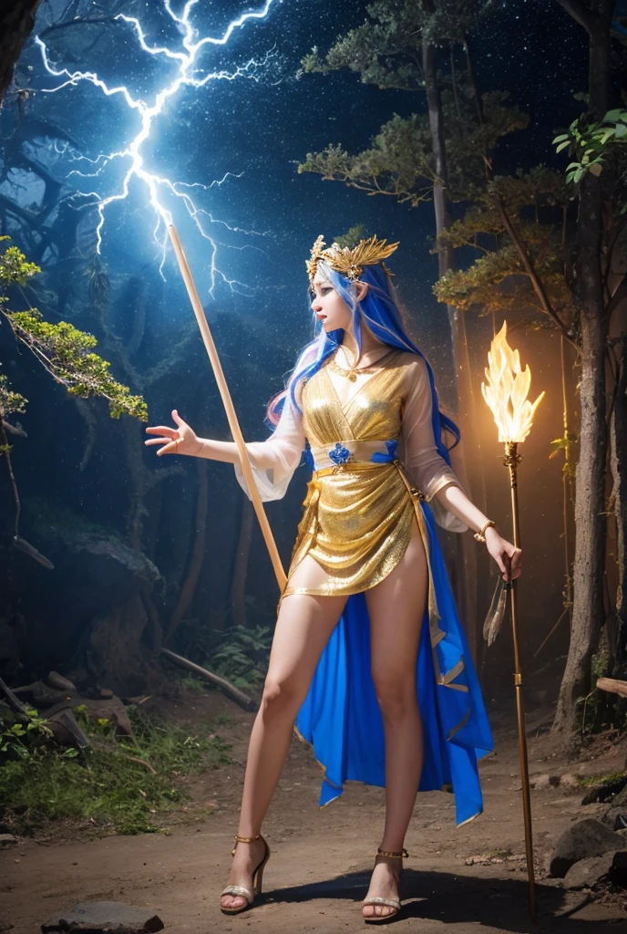 The goddess of thunder appeared with a clap of thunder、Ramu、Golden sheer dress、Holding a walking stick in his hand