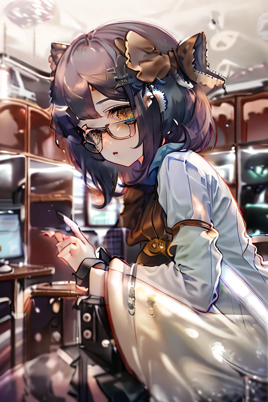 pastel \(medium\),1girl,black hair, looking at viewer,  office lady, undersea, octopus tentacles, short hair, sailor uniform, solo, glasses, lolita fashion, deep sea, purple hair ribbon, sitting at desk, computer is on desk, taisho Roman 