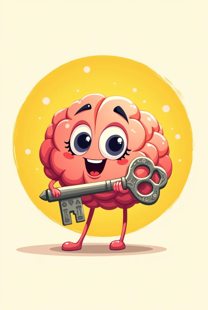 Make a logo with a yellow background with a cartoon brain with eyes and a mouth holding a really pretty key that doesn't have a trunk on its body.