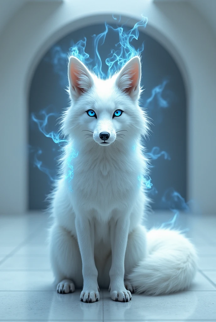A white fox with blue eyes and black flame around in the alone room