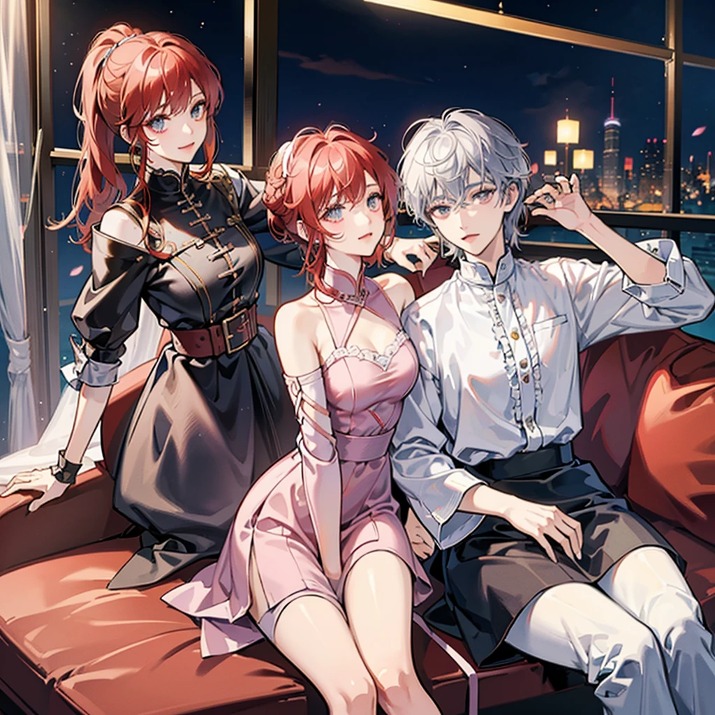 A man wears a white shirtI have short red hair.
About twenty-five years old, with short silver hair and a crazy feeling, sitting on a KTV sofa under colorful lights, with two beautiful girls sitting beside him, holding two girls, and three beautiful girls standing behind him, smiling.,
bright colors,
The drawing style is clean, the best image quality, high detail, ultra-high resolution, 8K resolution.,
Korean style manga, illustration style, two yuan, detailed lines, Chiaroscuro 00001