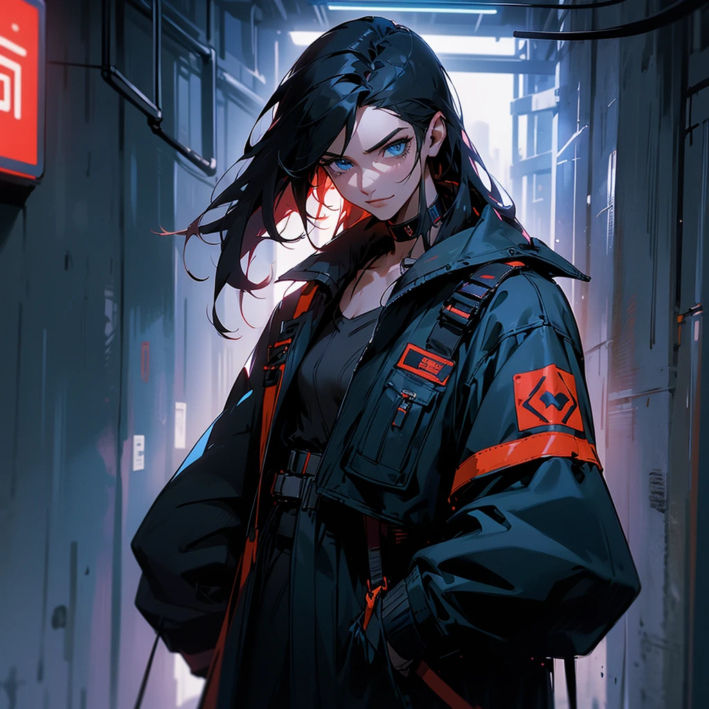 black hair, long hair, straight hair, male, man, blue eyes, tall, wiry, jacket, choker, armband, long boots, belt, waist pouch, with a black bandage, delicate facial features, toned, cyberpunk, inside, in the subway, determined, half body photo, upper body, face, write smile