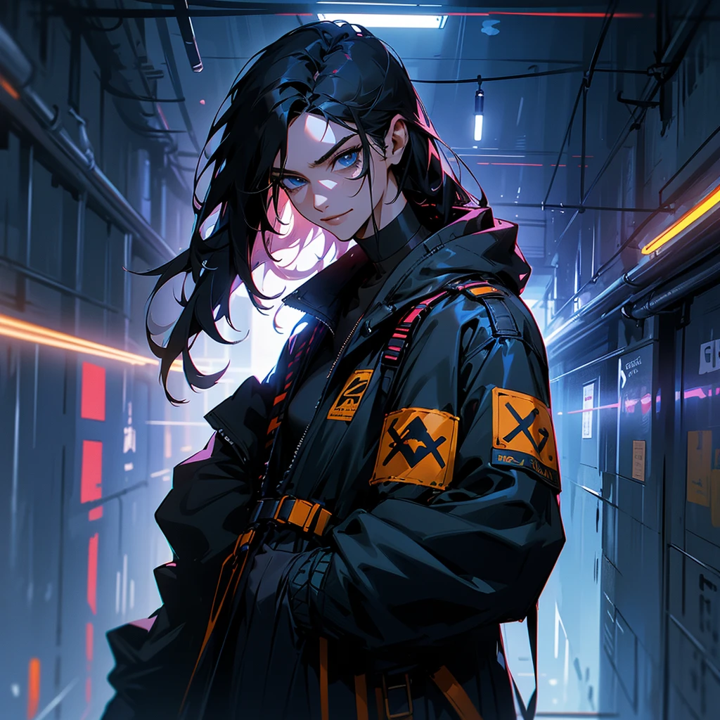 black hair, long hair, straight hair, male, man, blue eyes, tall, wiry, jacket, choker, armband, long boots, belt, waist pouch, with a black bandage, delicate facial features, toned, cyberpunk, inside, in the subway, determined, half body photo, upper body, face, write smile