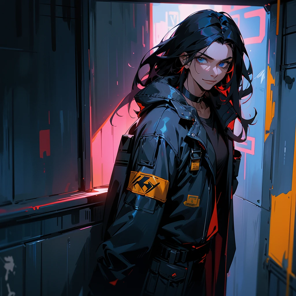 black hair, long hair, straight hair, male, man, blue eyes, tall, wiry, jacket, choker, armband, long boots, belt, waist pouch, with a black bandage, delicate facial features, toned, cyberpunk, inside, in the subway, determined, half body photo, upper body, face, write smile