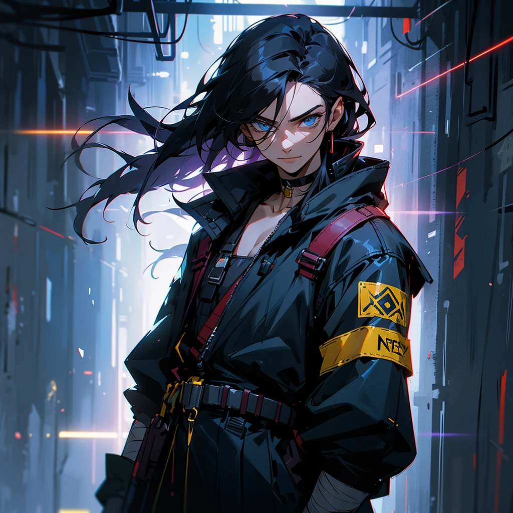 black hair, long hair, straight hair, male, man, blue eyes, tall, wiry, jacket, choker, armband, long boots, belt, waist pouch, with a black bandage, delicate facial features, toned, cyberpunk, inside, in the subway, determined, half body photo, upper body, face, write smile
