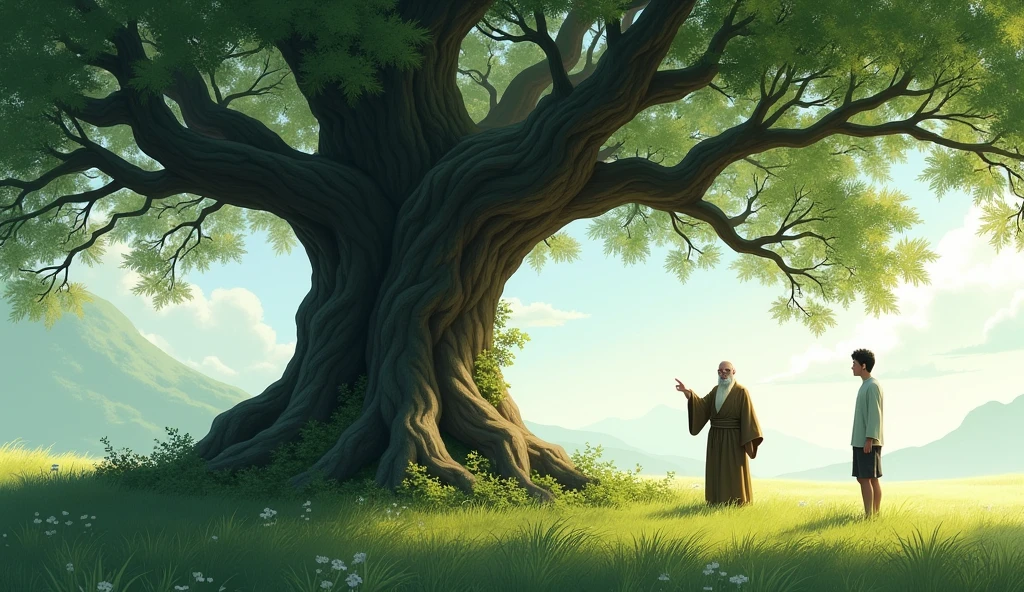 Both characters stand near a large, ancient oak tree with deep roots. The tree’s branches spread wide, providing shade and symbolizing strength and resilience
Illustrate an old Zen master and a young man standing near a large oak tree. The tree is ancient with deep roots and wide branches. The master is calm, pointing at the tree, while the young man looks thoughtful. The setting includes a grassy field and dappled sunlight